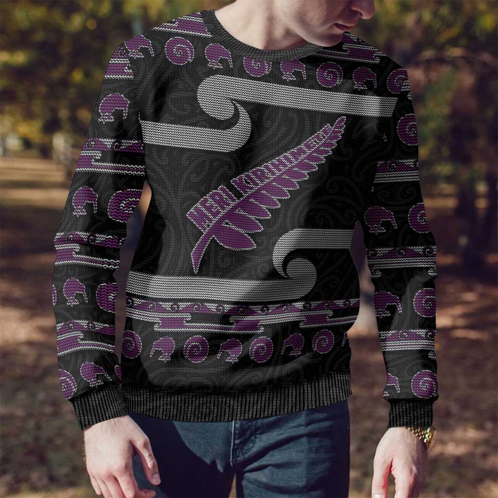 Christmas Ugly Christmas Sweater Meri Kirihimete Silver Fern Knit Style Purple Color