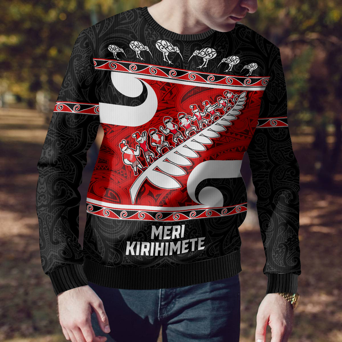 Christmas Ugly Christmas Sweater Santa Haka Fern and Kiwi Bird Tino Rangatiratanga Maori Flag Style