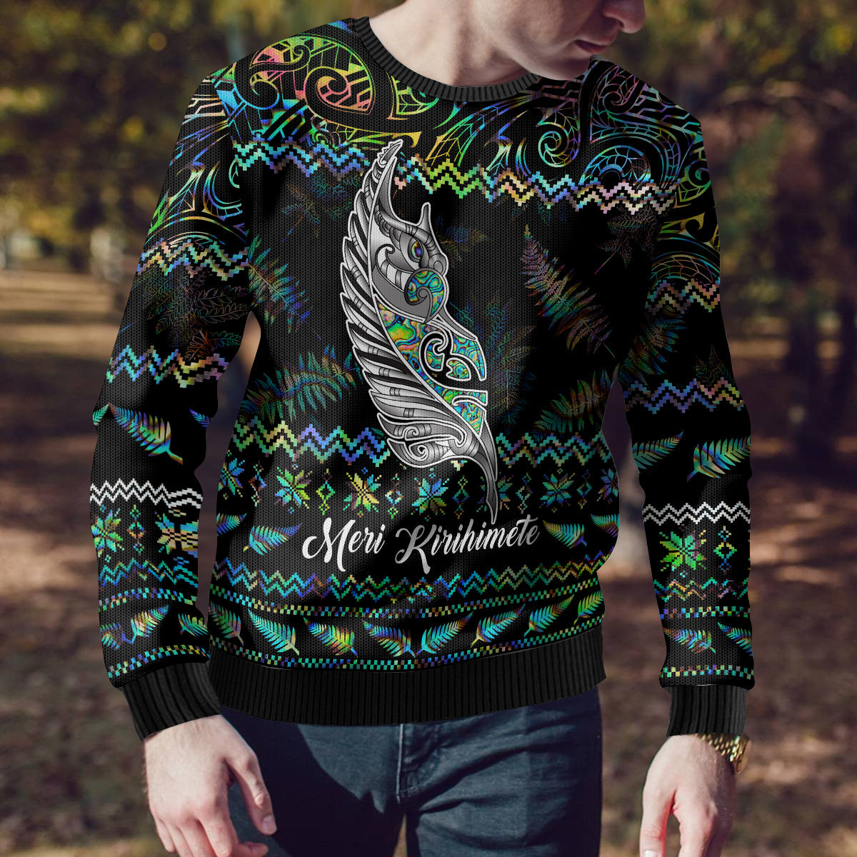 Christmas Ugly Christmas Sweater Maori Fern Manaia Meri Kirihimete with Papaua Shell