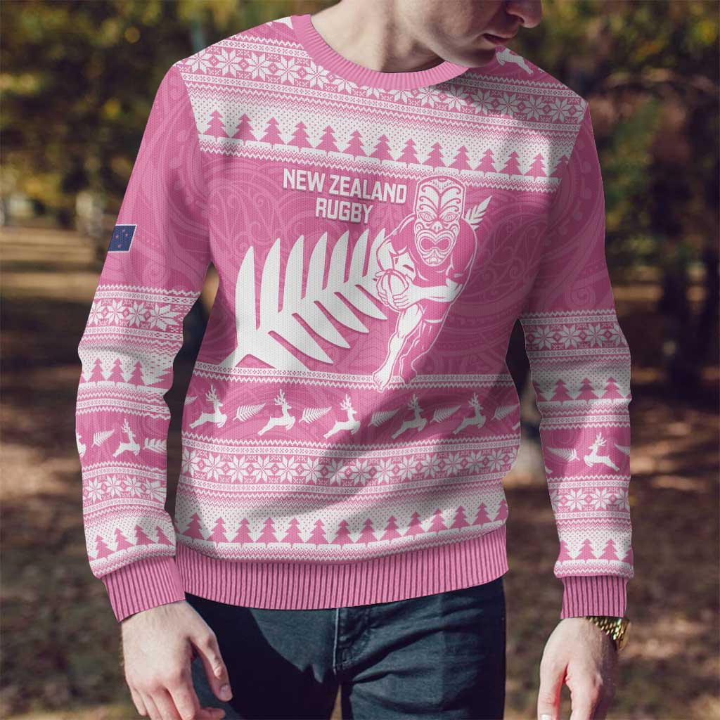 Christmas Rugby Personalised Ugly Christmas Sweater Meri Kirihimete All Black Maori Pink Version