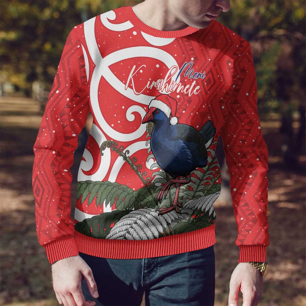 Pukeko Christmas Ugly Christmas Sweater Meri Kirihimete Taniko Ponga Koru Red