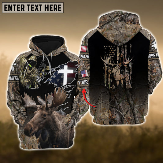 Moose Hunting USA Flag Cross With Reaper Bow 3D Hoodie (Brown)