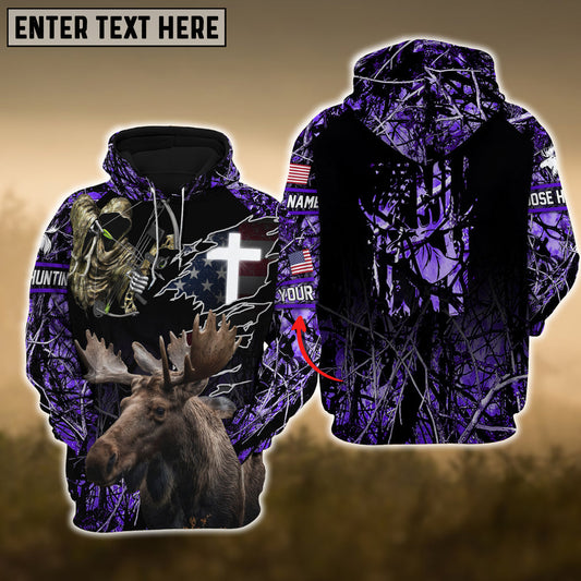 Moose Hunting USA Flag Cross With Reaper Bow 3D Hoodie (Purple)