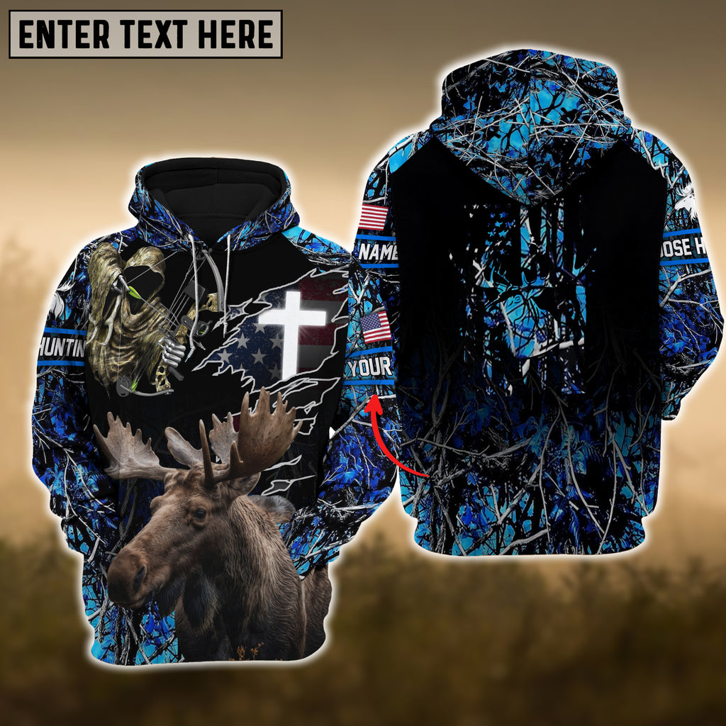 Moose Hunting USA Flag Cross With Reaper Bow 3D Hoodie (Blue)