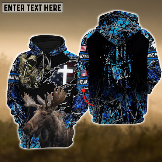 Moose Hunting USA Flag Cross With Reaper Bow 3D Hoodie (Blue)