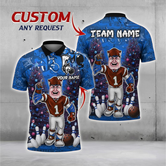 Blue Gridiron Mascot Christmas Bowling Polo — Festive Trees — Personalized Team