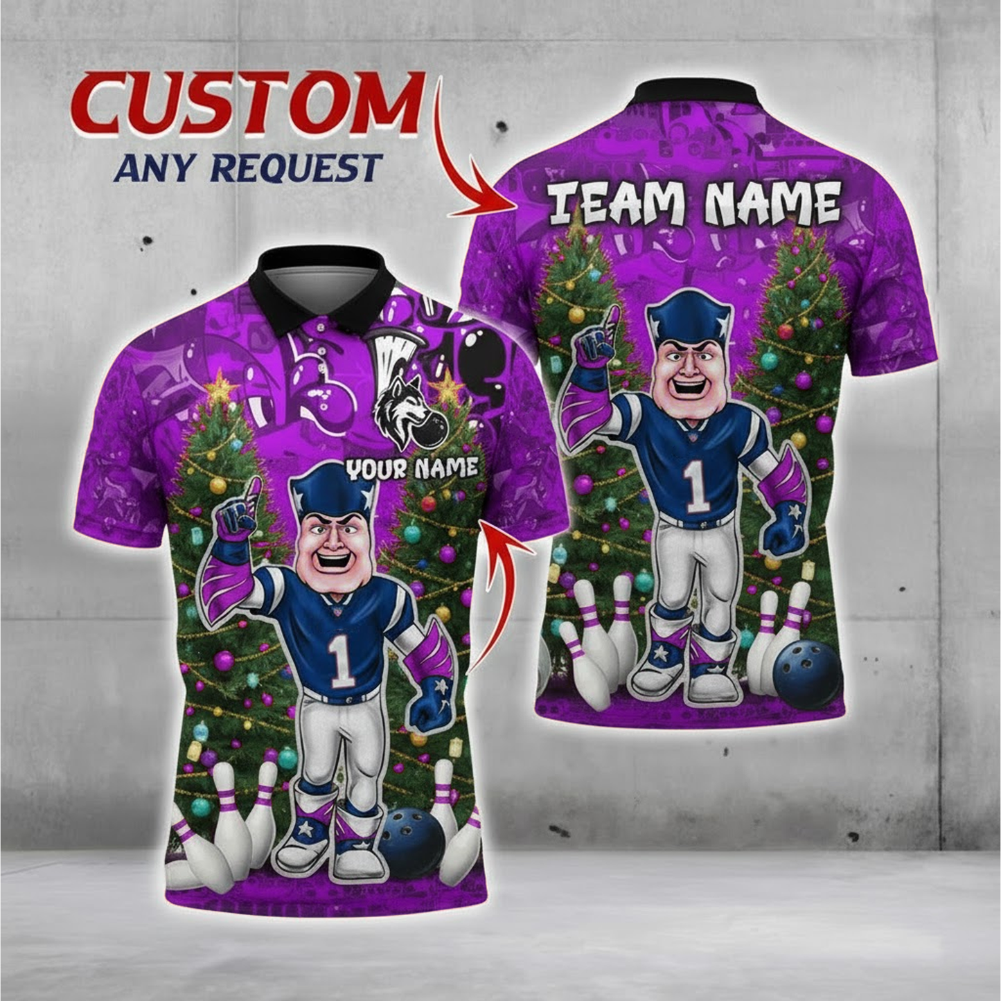 Blue Gridiron Mascot Christmas Bowling Polo — Festive Trees — Personalized Team