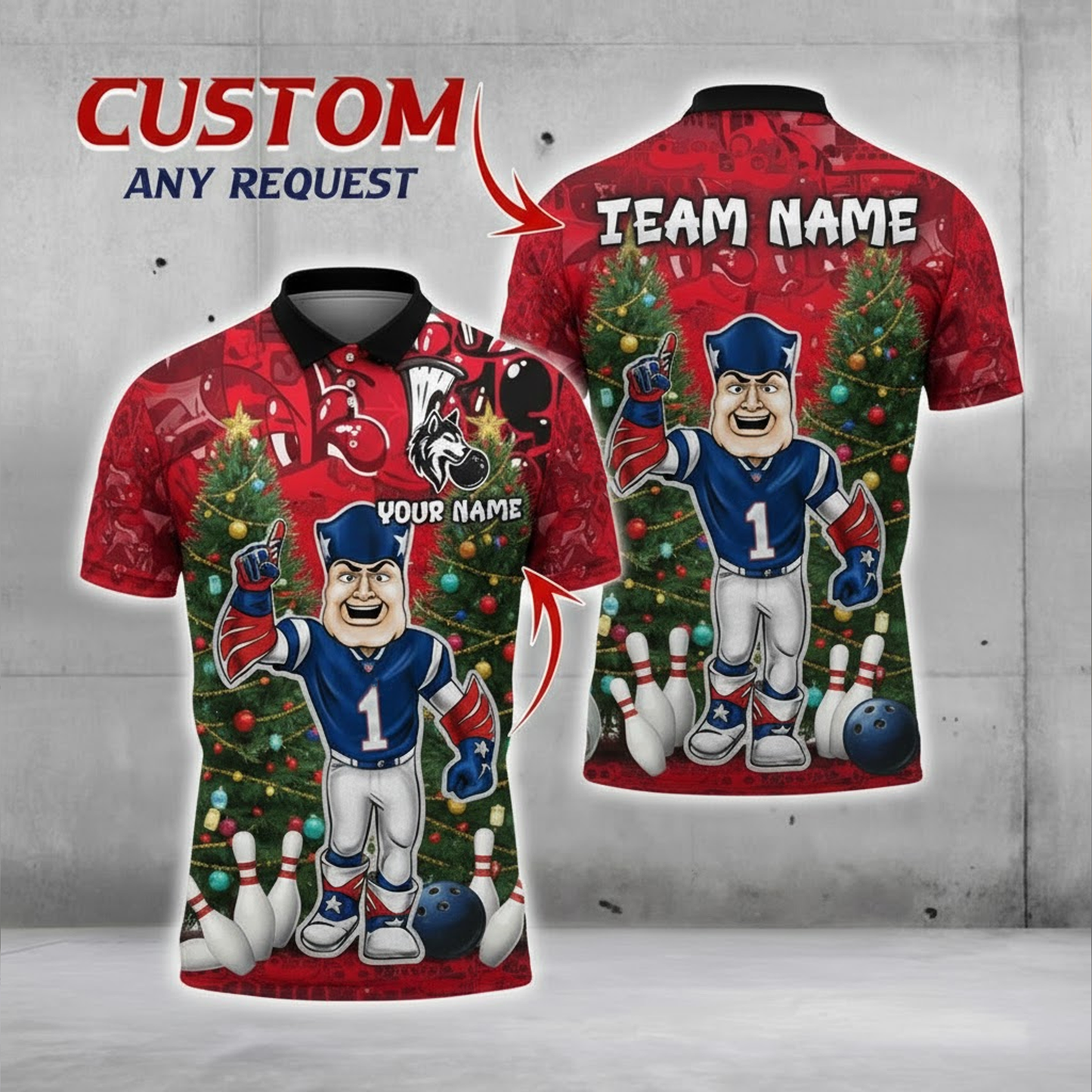 Blue Gridiron Mascot Christmas Bowling Polo — Festive Trees — Personalized Team