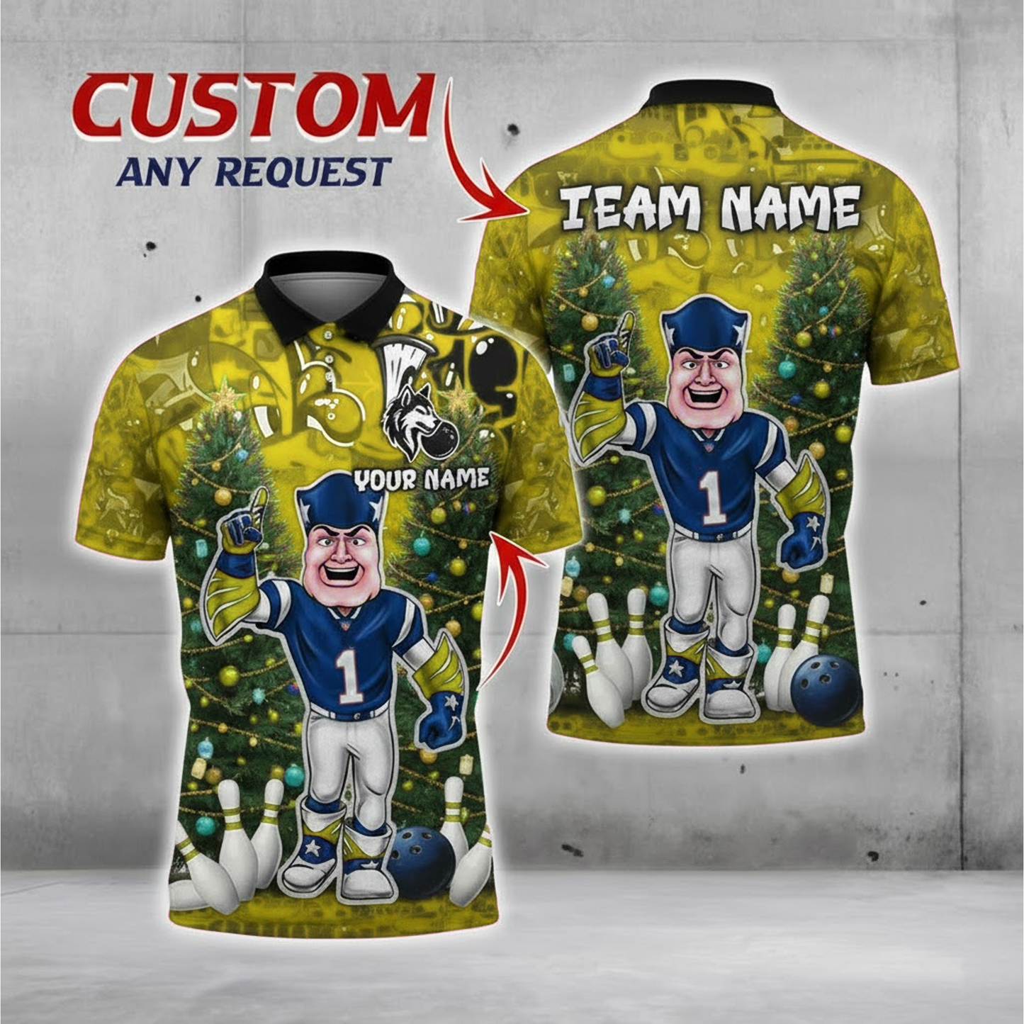 Blue Gridiron Mascot Christmas Bowling Polo — Festive Trees — Personalized Team