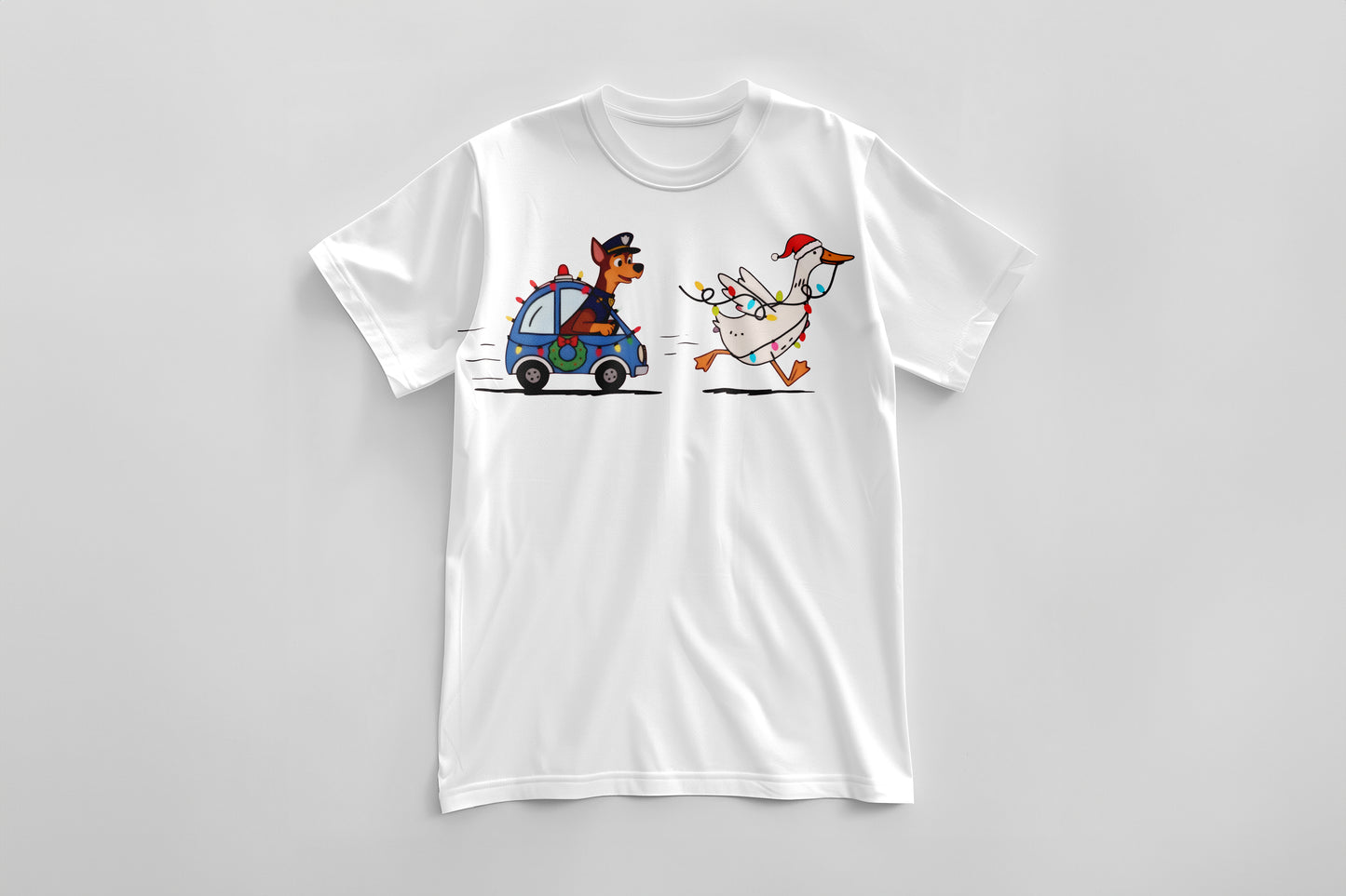 Goose on the Loose – Holiday Police Pup Chase Funny Xmas Tee