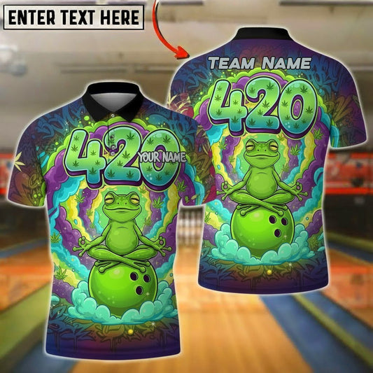 Bowling Polo Shirt, Frog Meditating on Cloud Bowling Ball, Bright Psychedelic Swirls, Customized Name, Team Name 3D Shirt