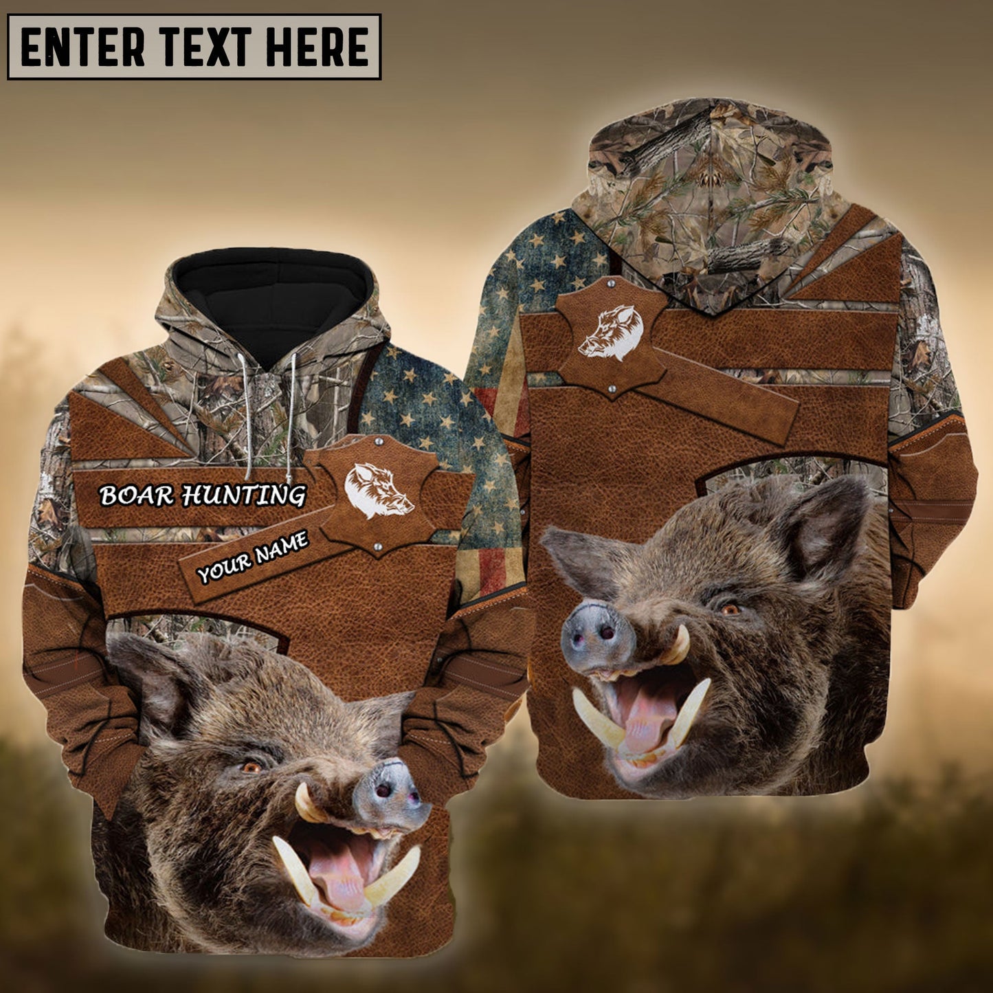 Brown Boar Hunting USA Flag Retro Customized Name 3D Shirt