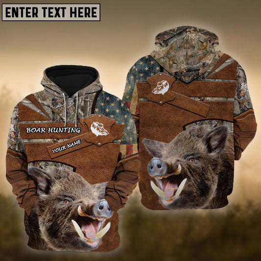 Brown Boar Hunting USA Flag Retro Customized Name 3D Shirt