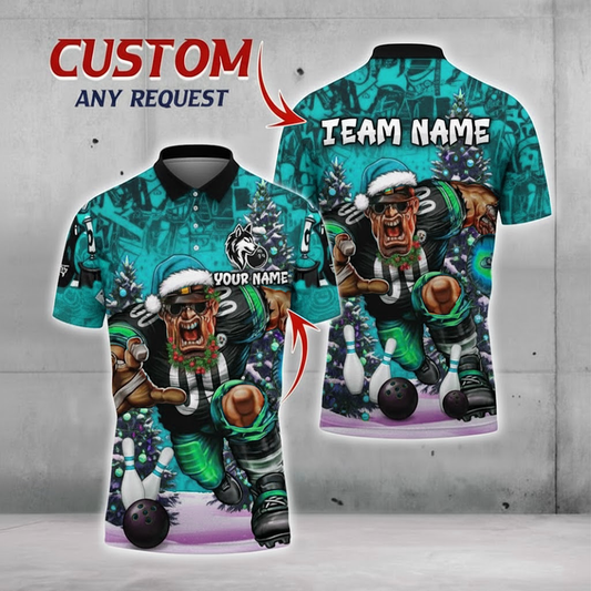 Teal Rage Linebacker Santa Bowling Polo — Holiday Strike — Custom Name & Team