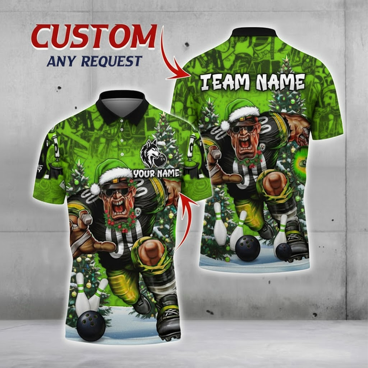 Teal Rage Linebacker Santa Bowling Polo — Holiday Strike — Custom Name & Team