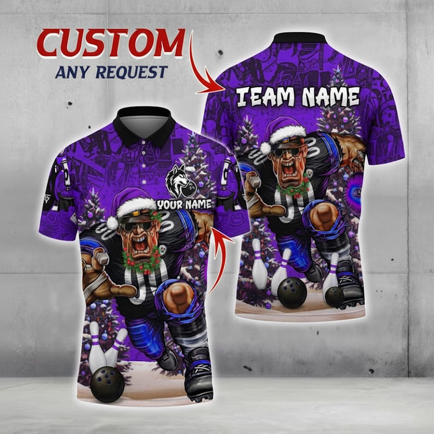 Teal Rage Linebacker Santa Bowling Polo — Holiday Strike — Custom Name & Team