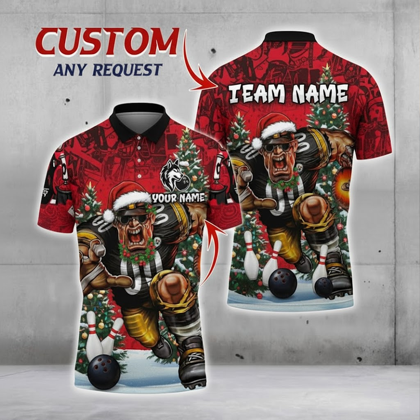 Teal Rage Linebacker Santa Bowling Polo — Holiday Strike — Custom Name & Team