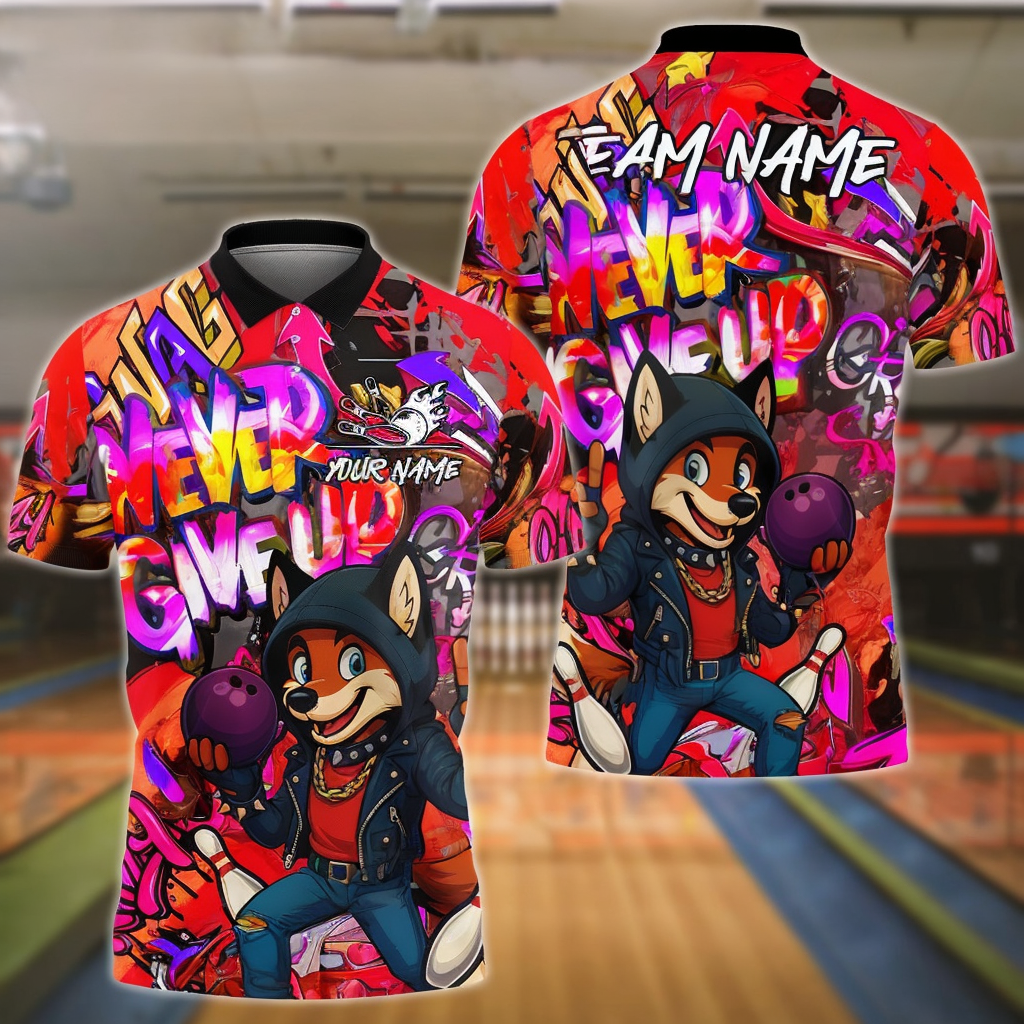 Bowling And Pins Hip Hop Fox Never Give Up Customized Name, Team Name 3D Shirt