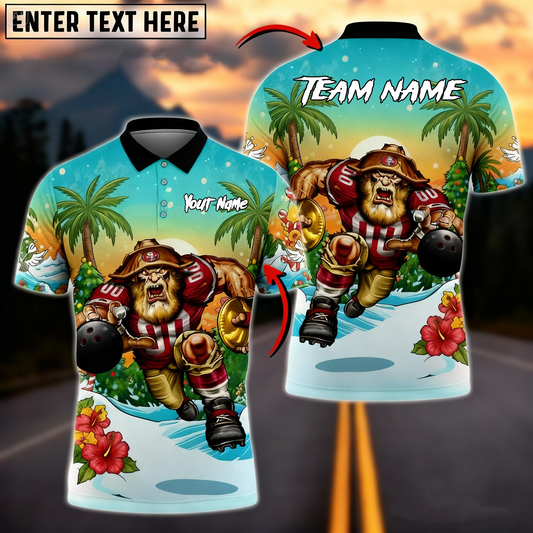 Tropical Santa Gridiron Mascot Bowling Polo — Red/Gold — Custom Name & Team