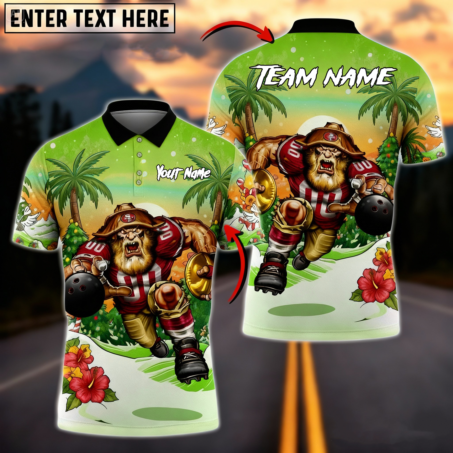 Tropical Santa Gridiron Mascot Bowling Polo — Red/Gold — Custom Name & Team