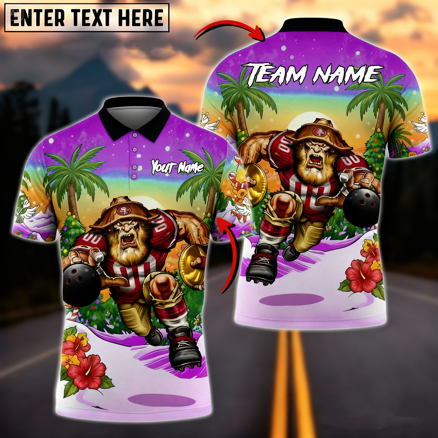Tropical Santa Gridiron Mascot Bowling Polo — Red/Gold — Custom Name & Team