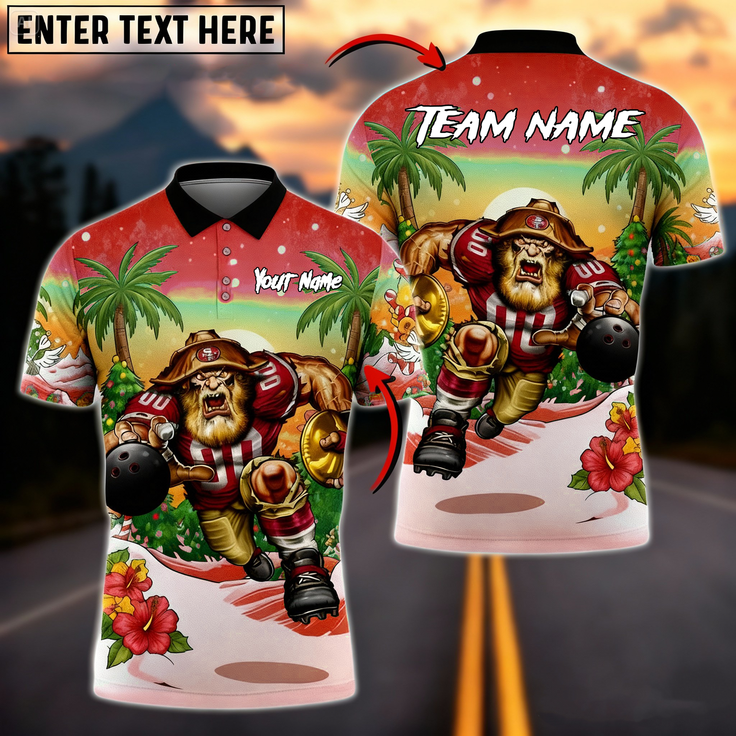 Tropical Santa Gridiron Mascot Bowling Polo — Red/Gold — Custom Name & Team