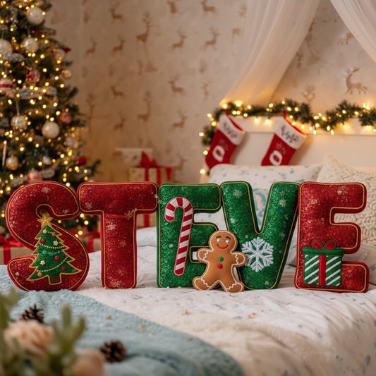 🎄 Personalized Christmas Name Pillow – Custom Holiday Letters with Festive Design