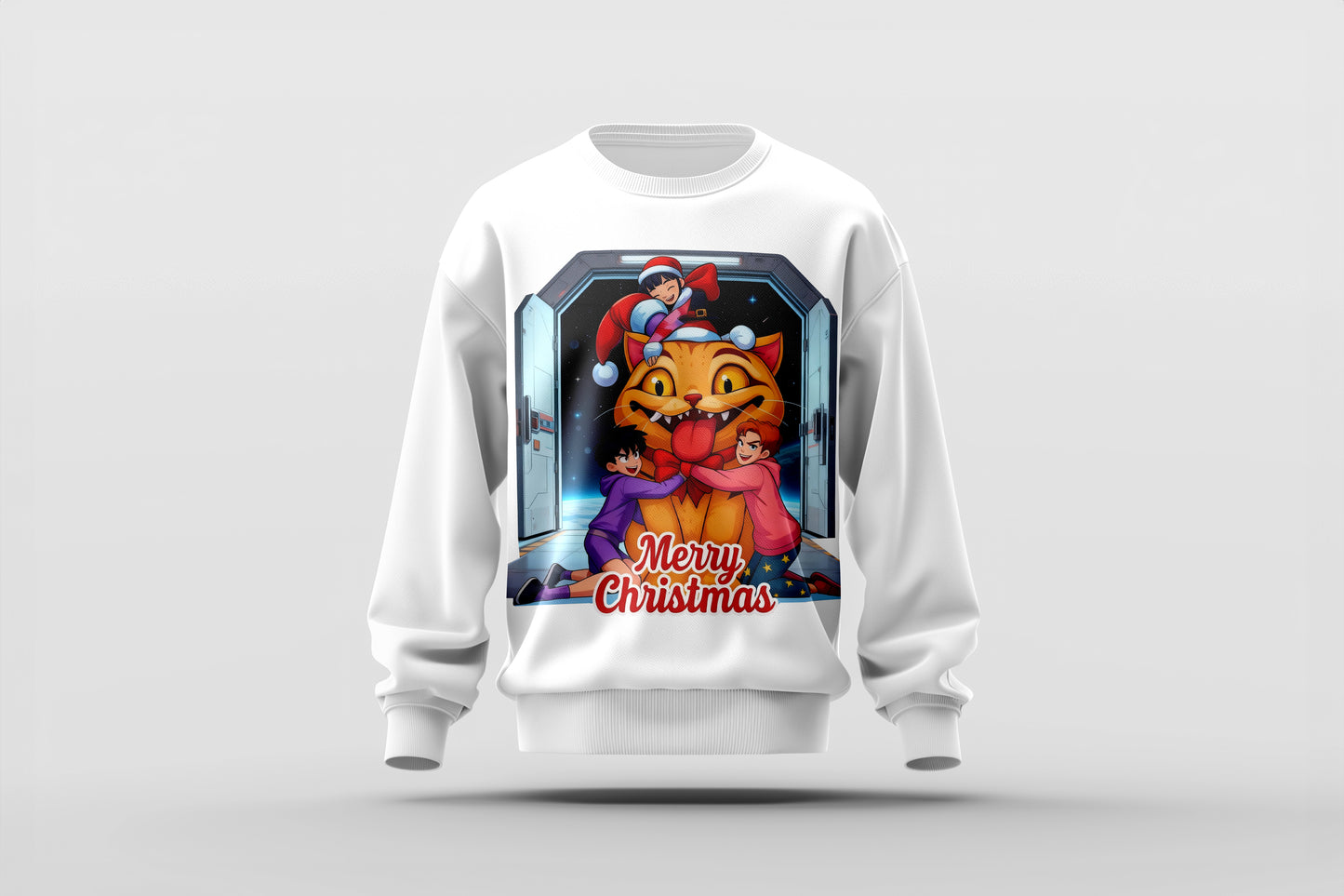 Merry Christmas Space Cat Hug – Kawaii Holiday Graphic Tee