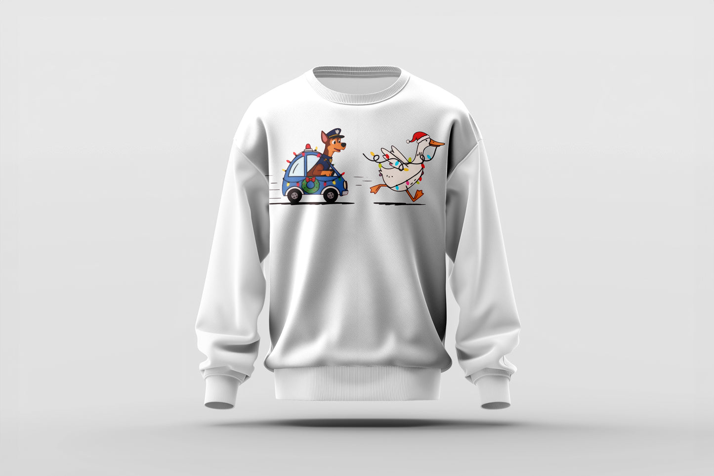 Goose on the Loose – Holiday Police Pup Chase Funny Xmas Tee