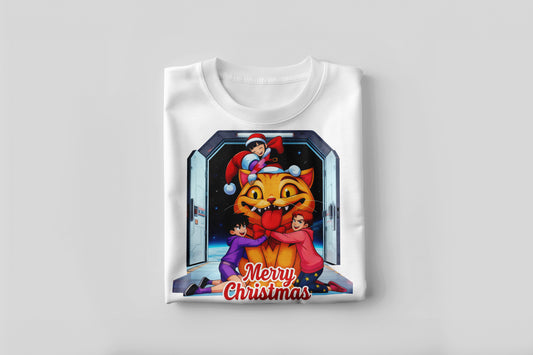Merry Christmas Space Cat Hug – Kawaii Holiday Graphic Tee