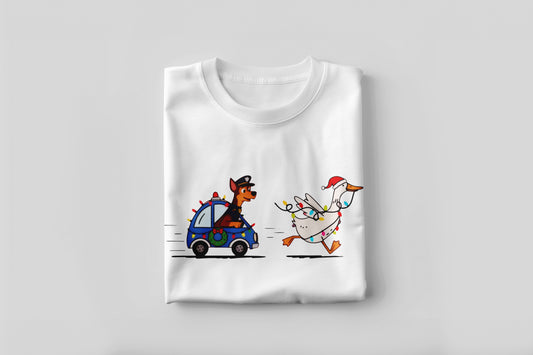 Goose on the Loose – Holiday Police Pup Chase Funny Xmas Tee