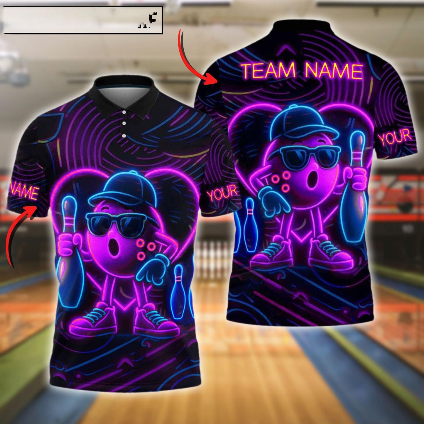 Bowling Ball & Pins Neon Funny Customized Name, Team Name 3D Shirt (4 Colors)
