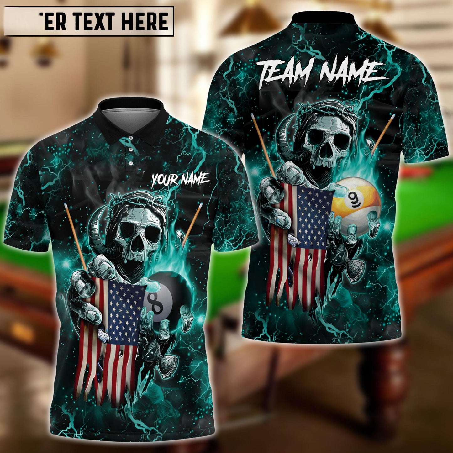 Billiards Ball 8 & 9 Fire Skull US Flag Personalized Name, Team Name Shirt