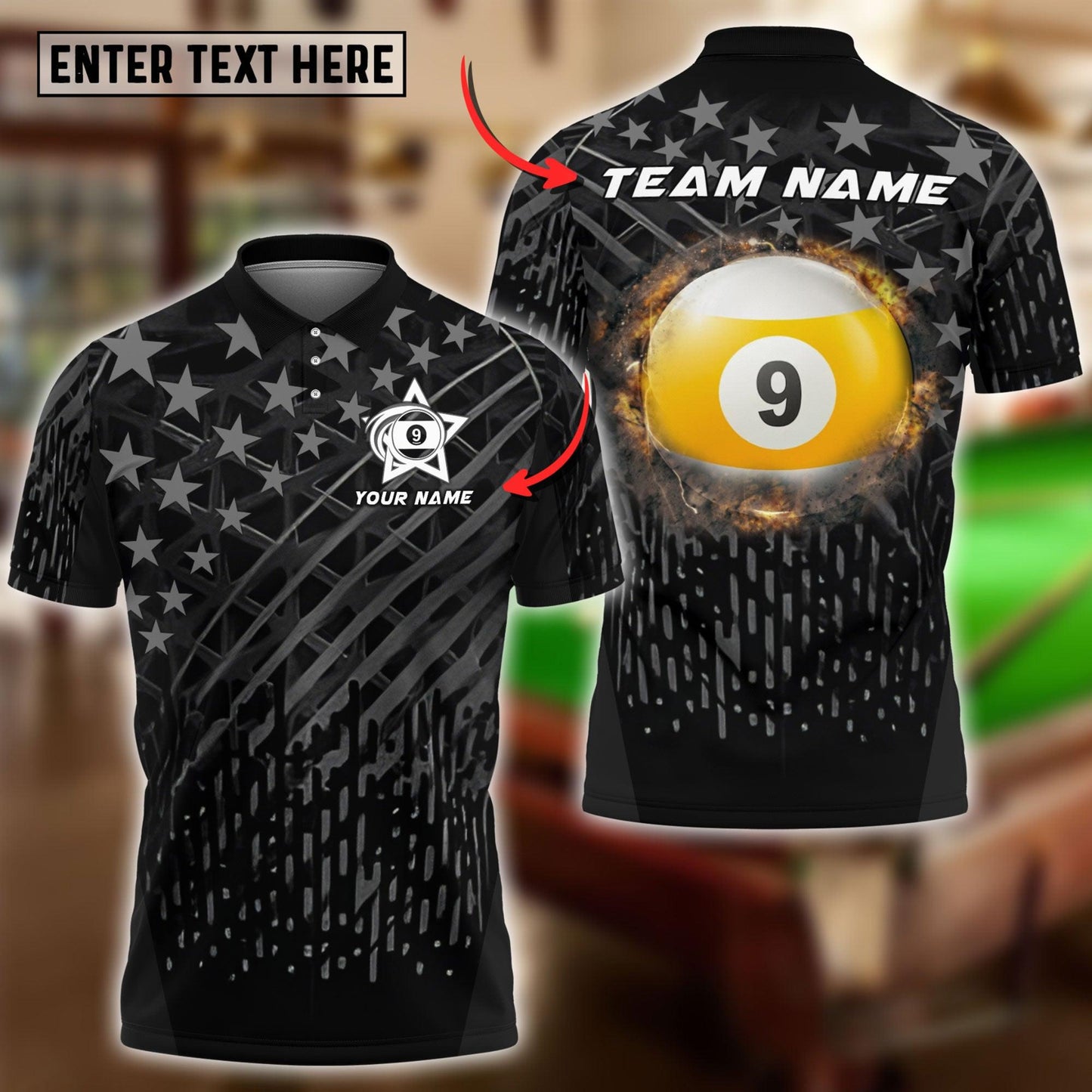 Billiards Ball 8 And 9 Fire Black US Flag Personalized Shirt