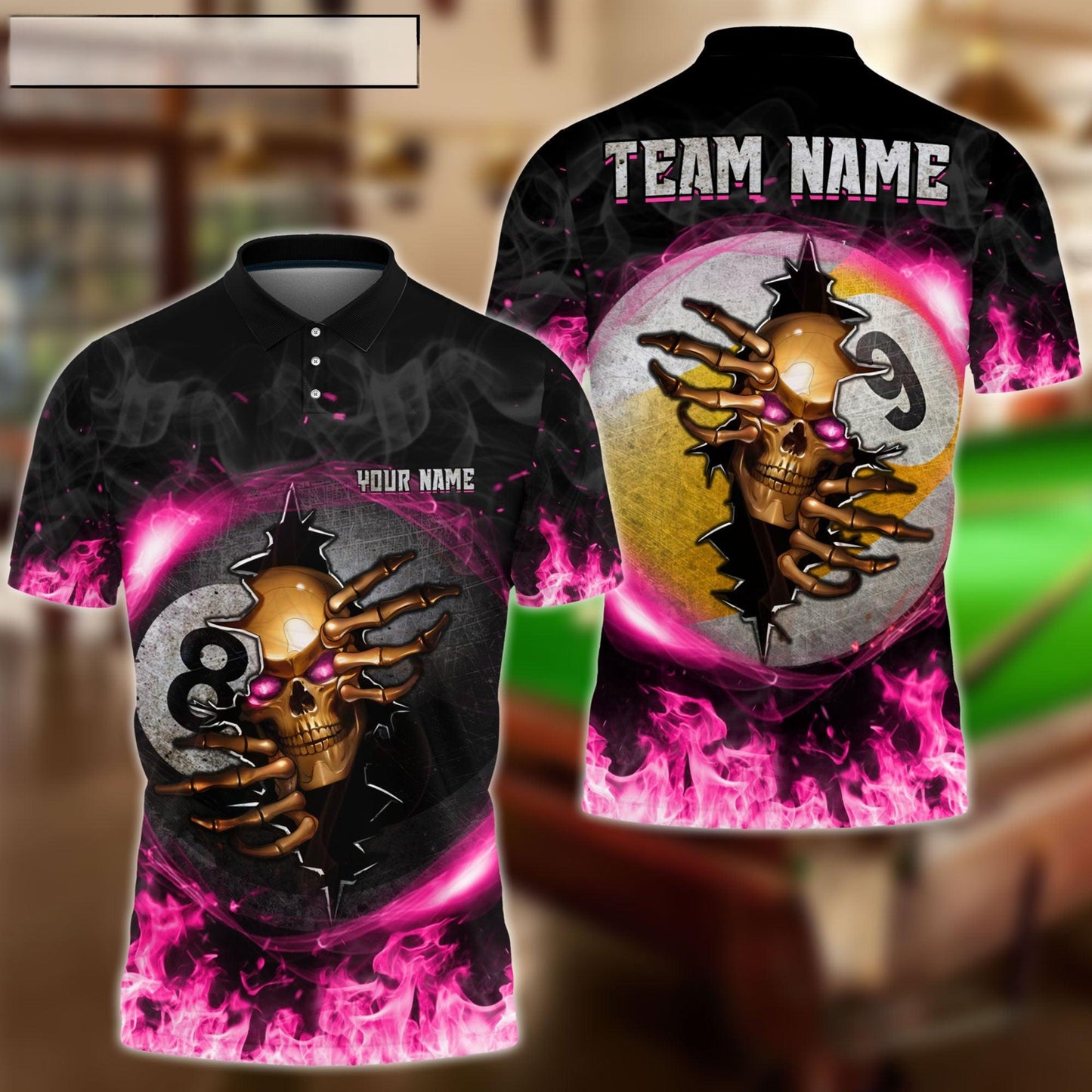 Billiards Ball 8 And 9 Fire Skull Crack Personalized Name Polo