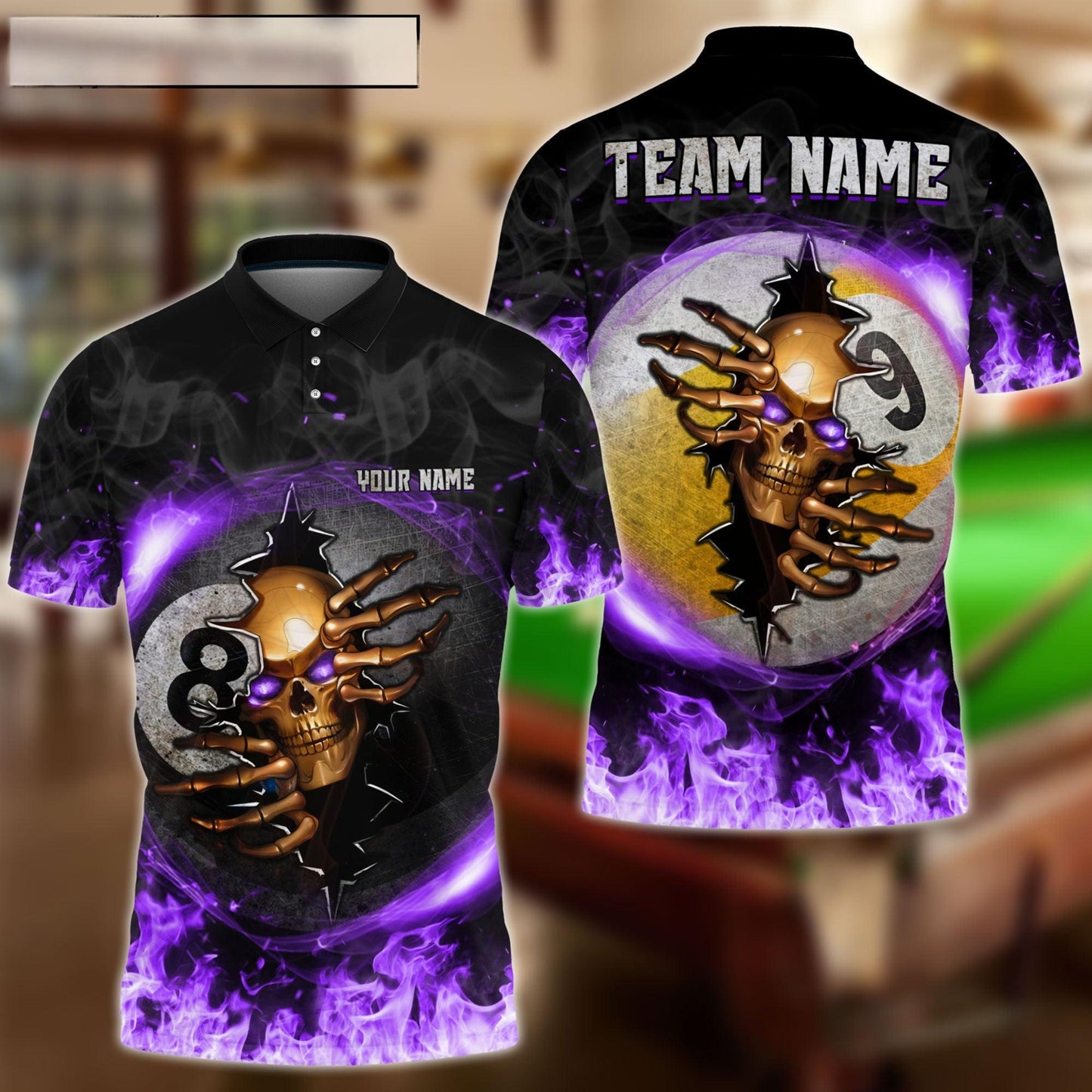 Billiards Ball 8 And 9 Fire Skull Crack Personalized Name Polo