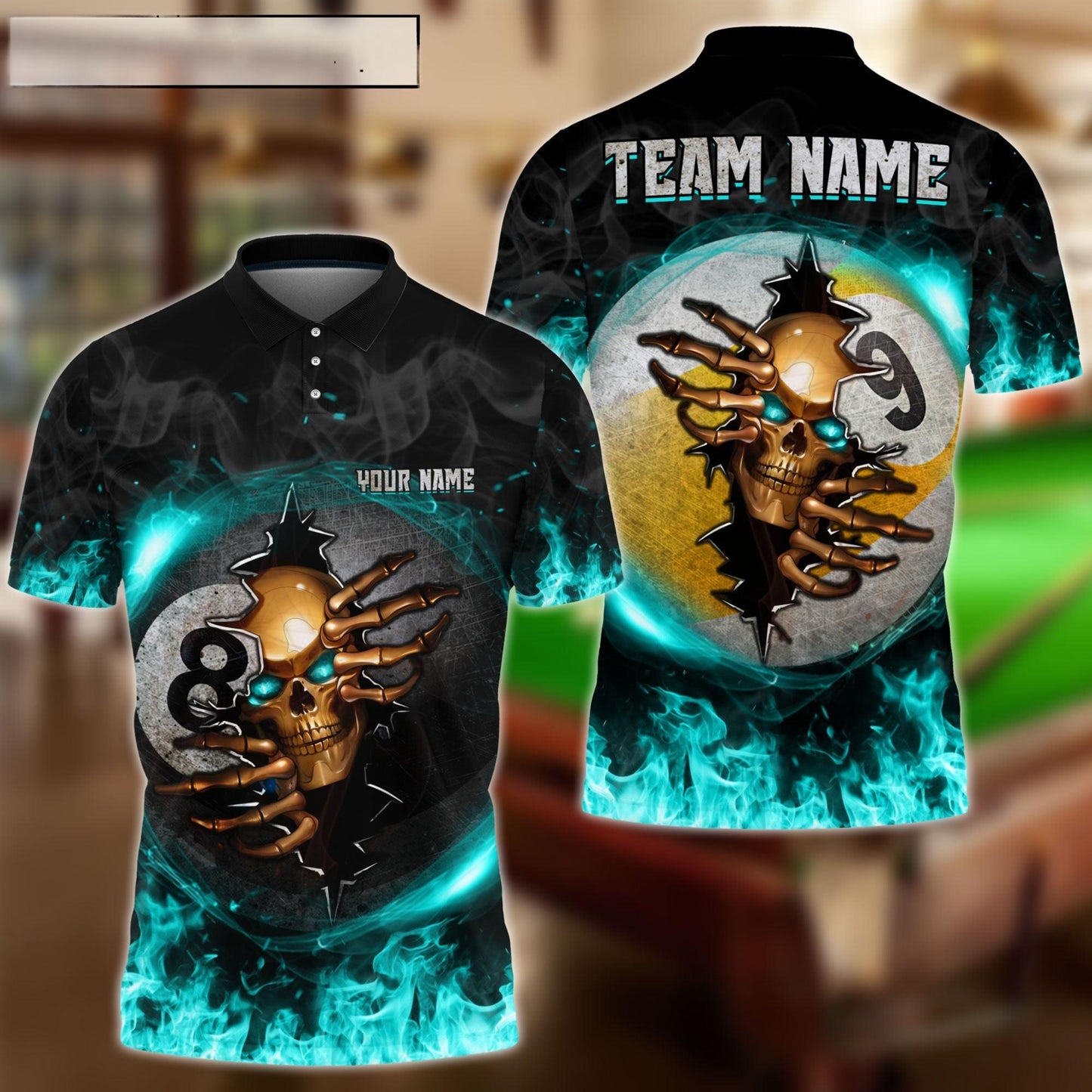 Billiards Ball 8 And 9 Fire Skull Crack Personalized Name Polo