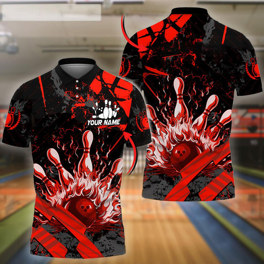 Bowling And Pins Grunge Flame Customized Name 3D Shirt ( 4 Colors)