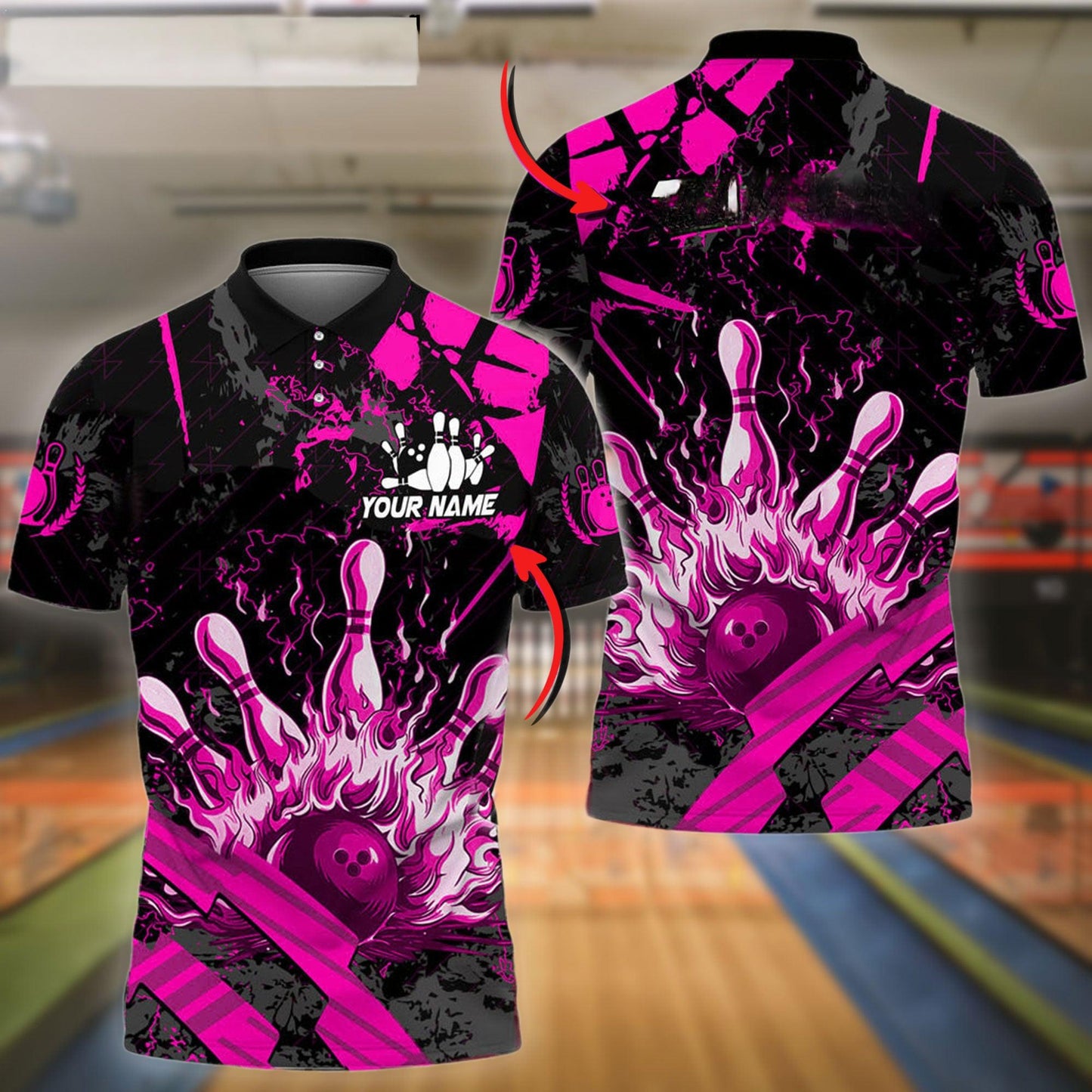 Bowling And Pins Grunge Flame Customized Name 3D Shirt ( 4 Colors)