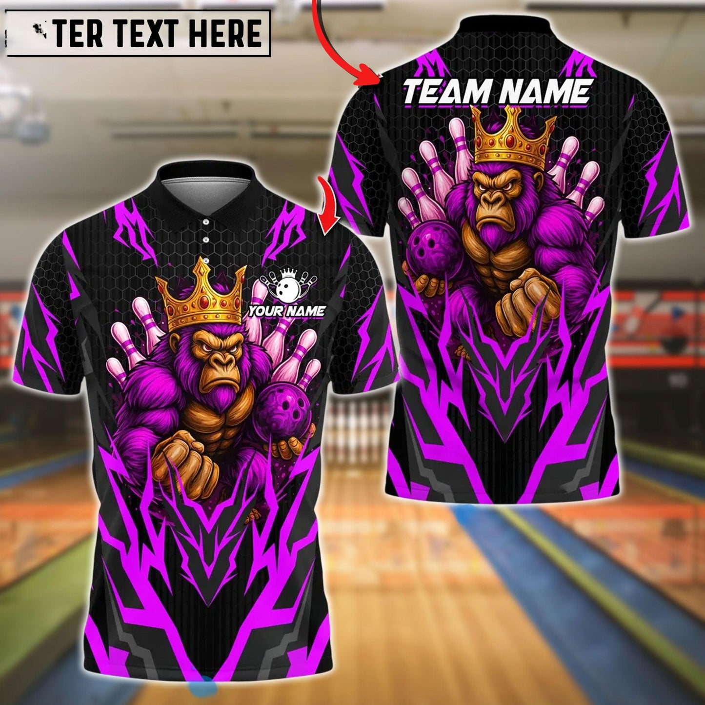 Bowling And Pins King Gorilla Customized Name, Team Name 3D Shirt