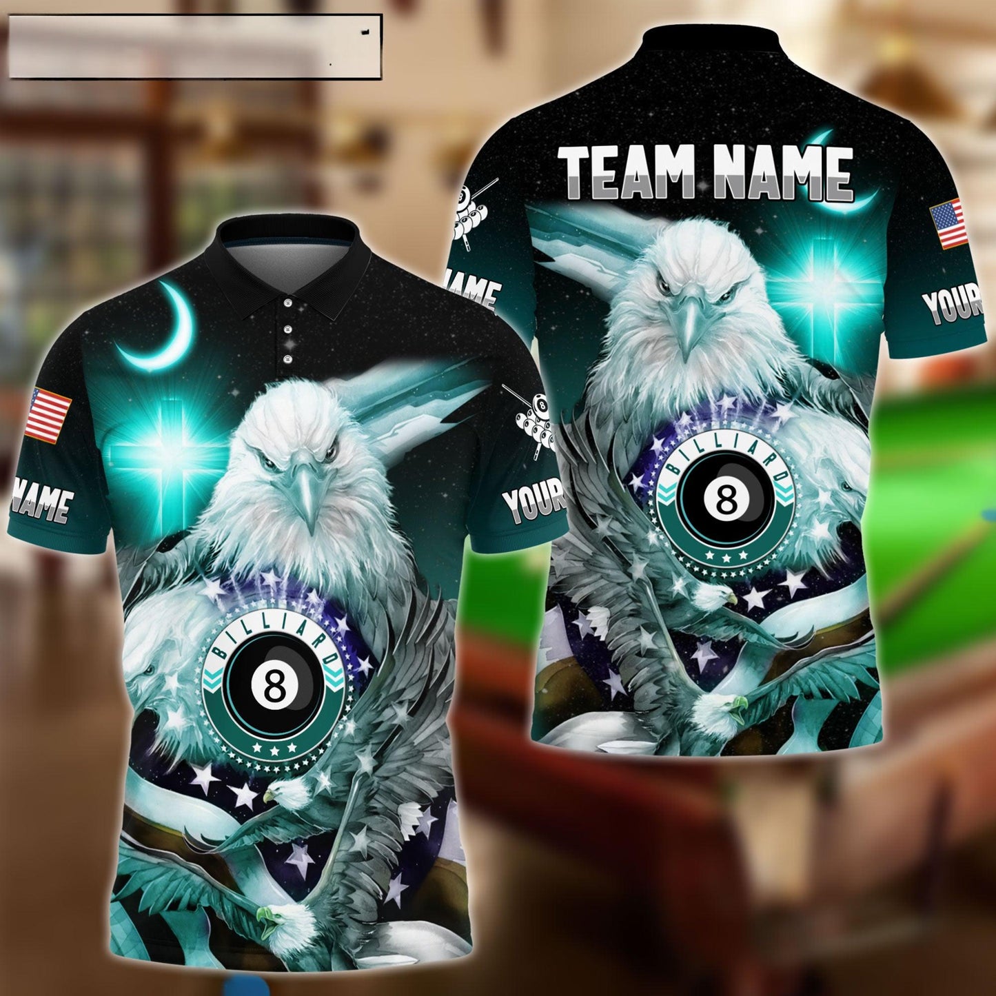 Billiards Ball 8 Cross Eagle American Flag Personalized Name & Team Name Shirt (4 Colors)