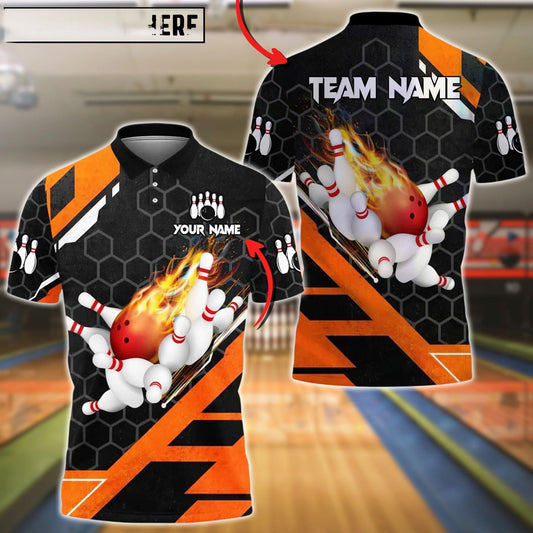 Bowling And Pins Flame Hexagon Pattern Customized Name, Team Name 3D Shirt