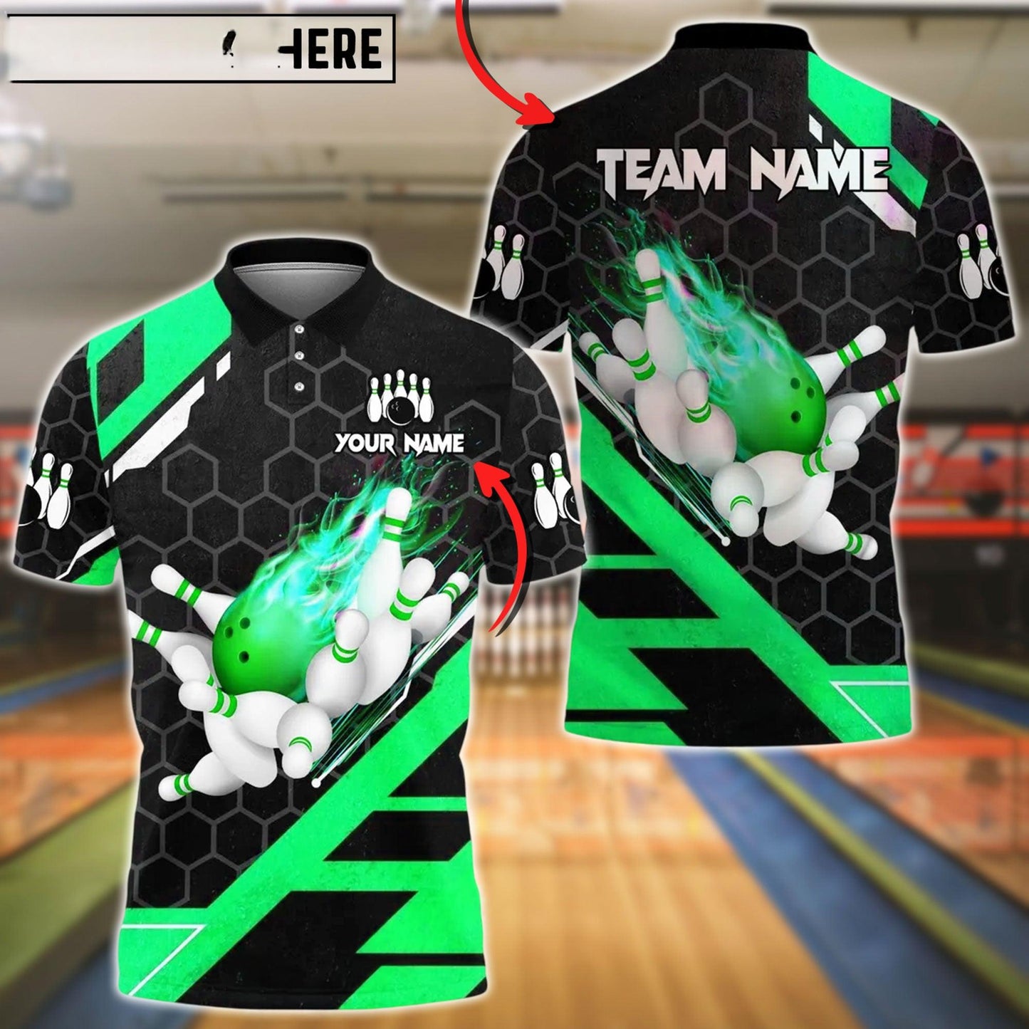 Bowling And Pins Flame Hexagon Pattern Customized Name, Team Name 3D Shirt