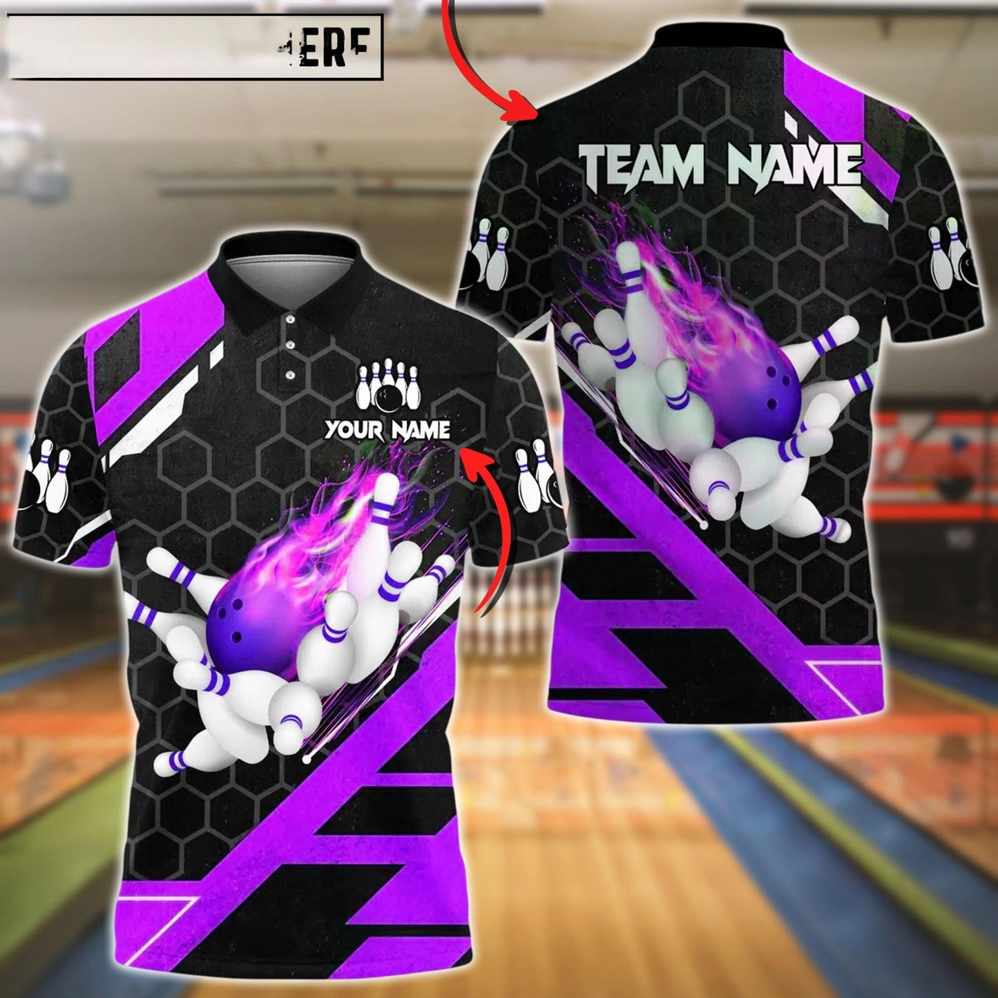 Bowling And Pins Flame Hexagon Pattern Customized Name, Team Name 3D Shirt