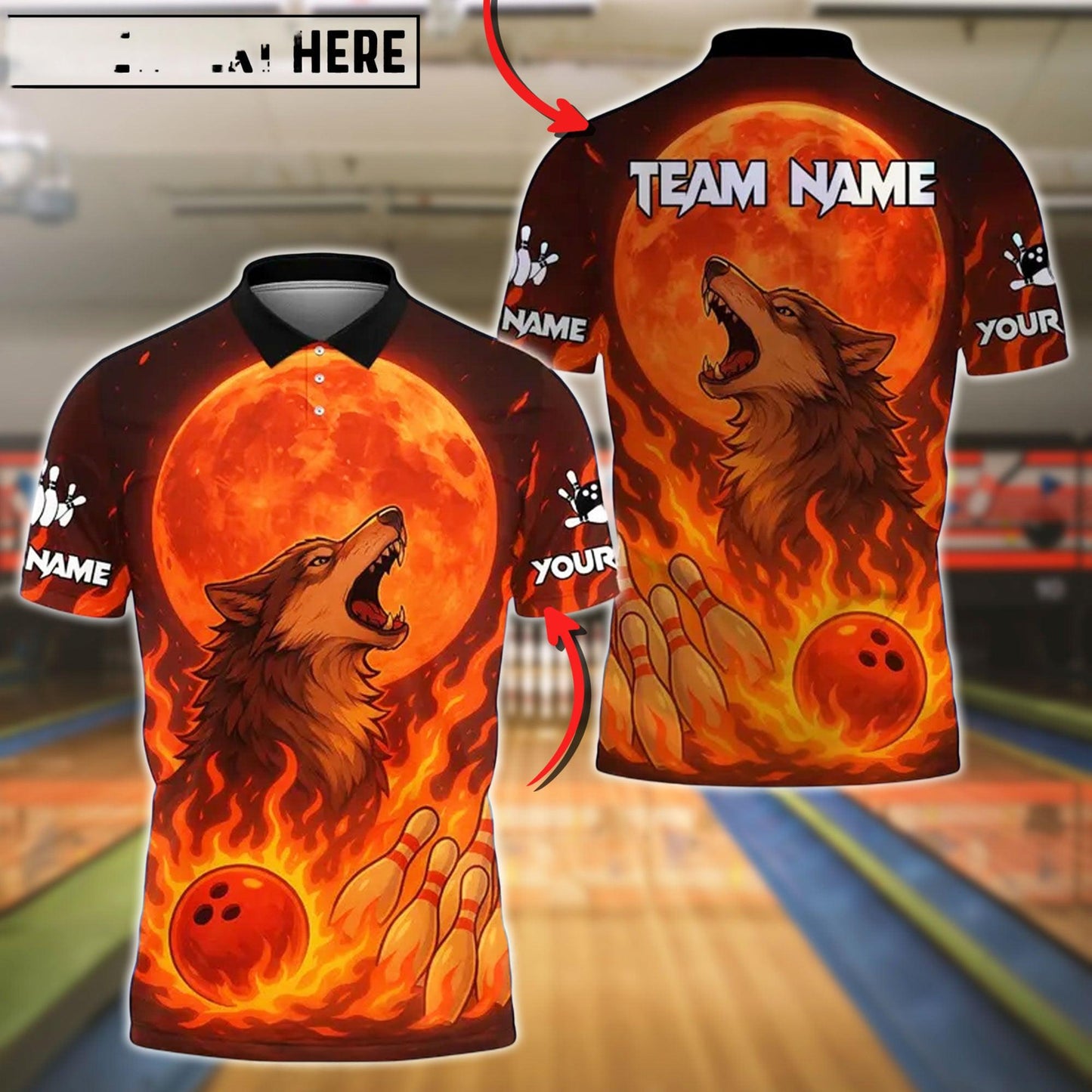 Bowling And Pins Flame Moon Wolf Customized Name, Team Name 3D Shirt