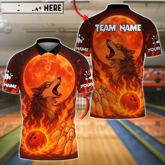 Bowling And Pins Flame Moon Wolf Customized Name, Team Name 3D Shirt