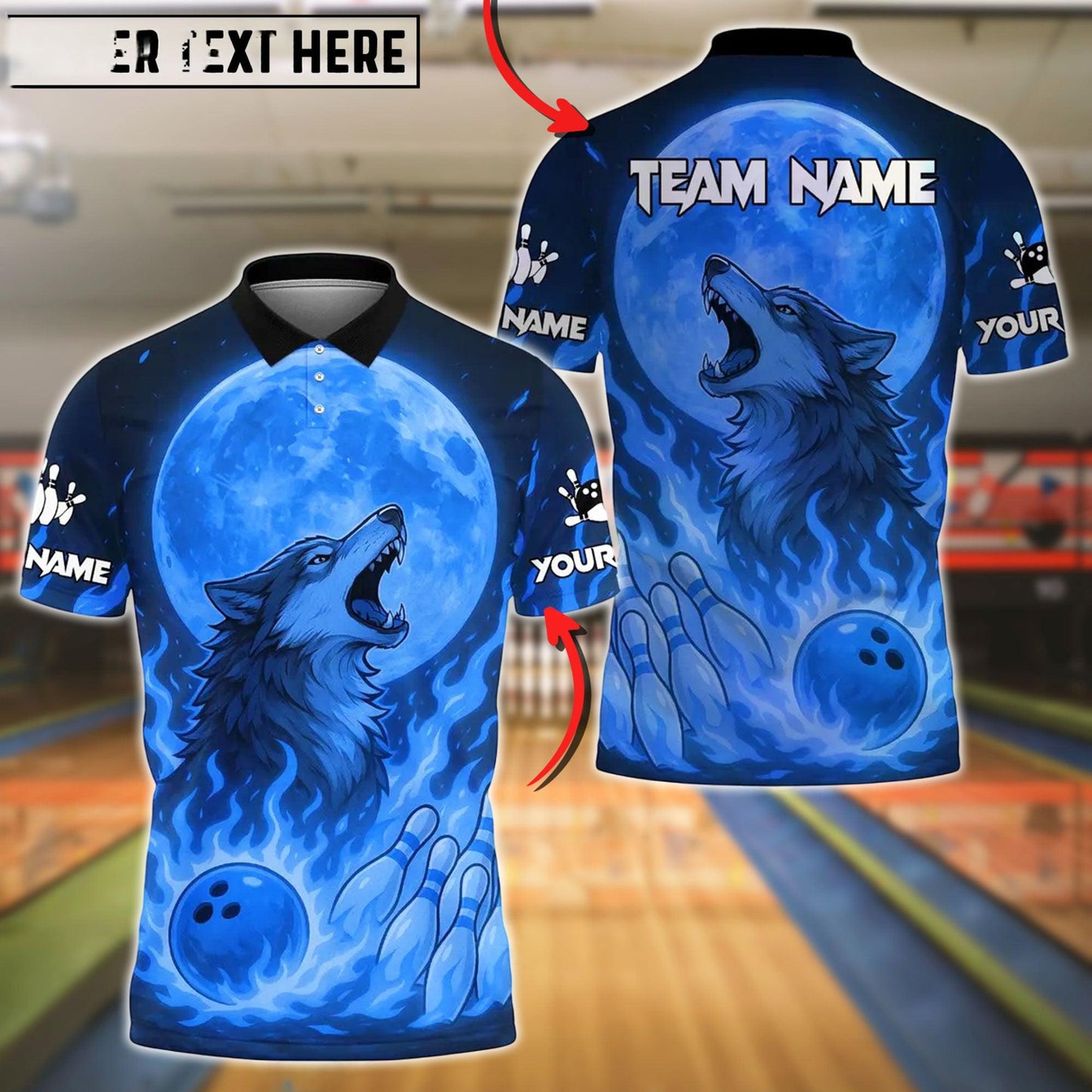 Bowling And Pins Flame Moon Wolf Customized Name, Team Name 3D Shirt