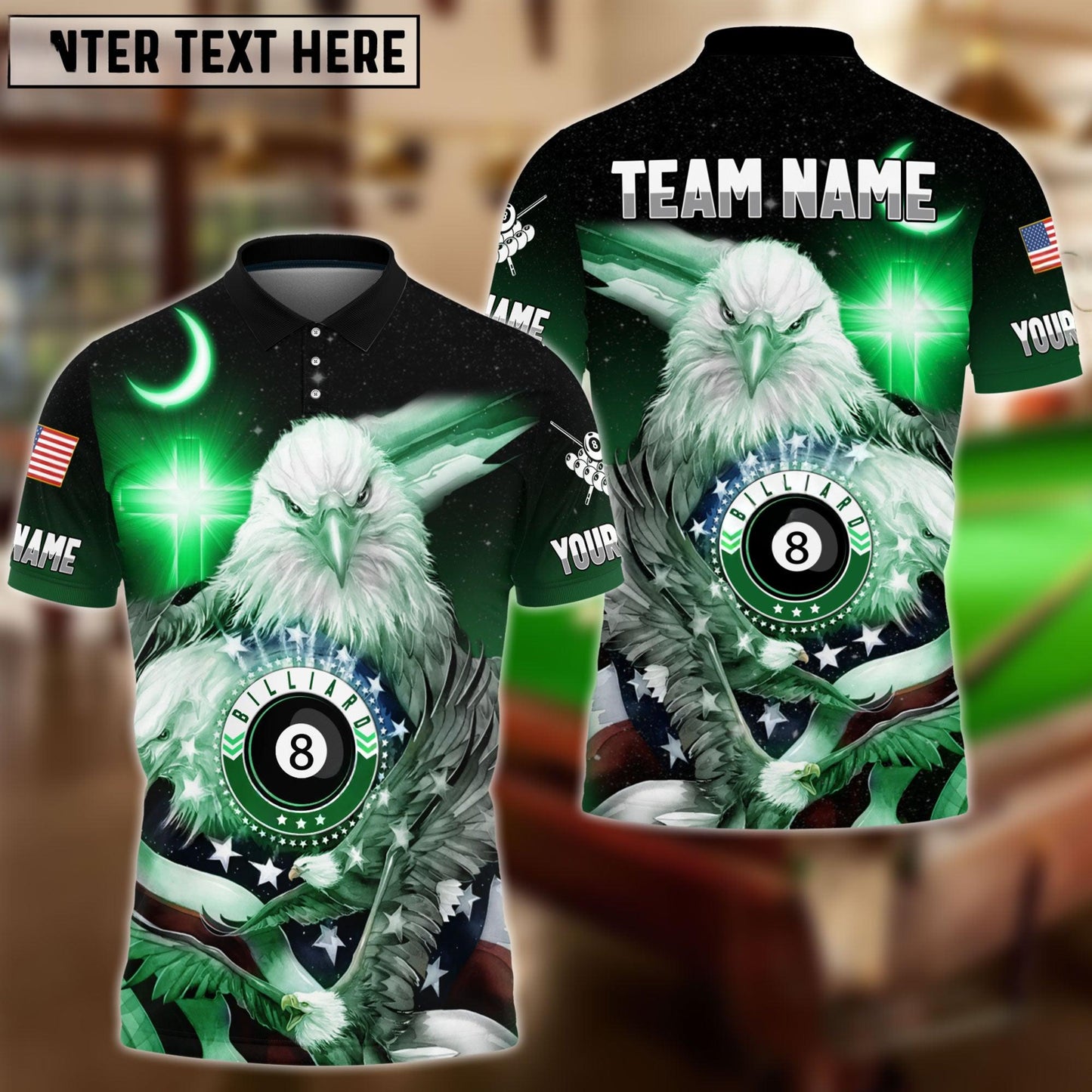 Billiards Ball 8 Cross Eagle American Flag Personalized Name & Team Name Shirt (4 Colors)