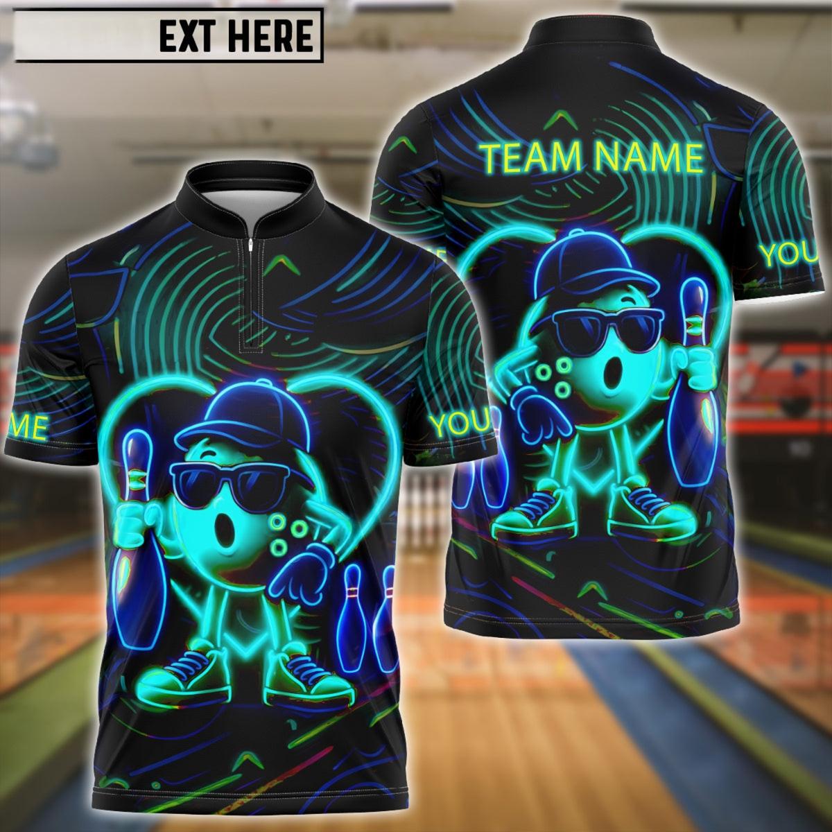 Bowling Ball & Pins Neon Funny Customized Name, Team Name 3D Shirt (4 Colors)
