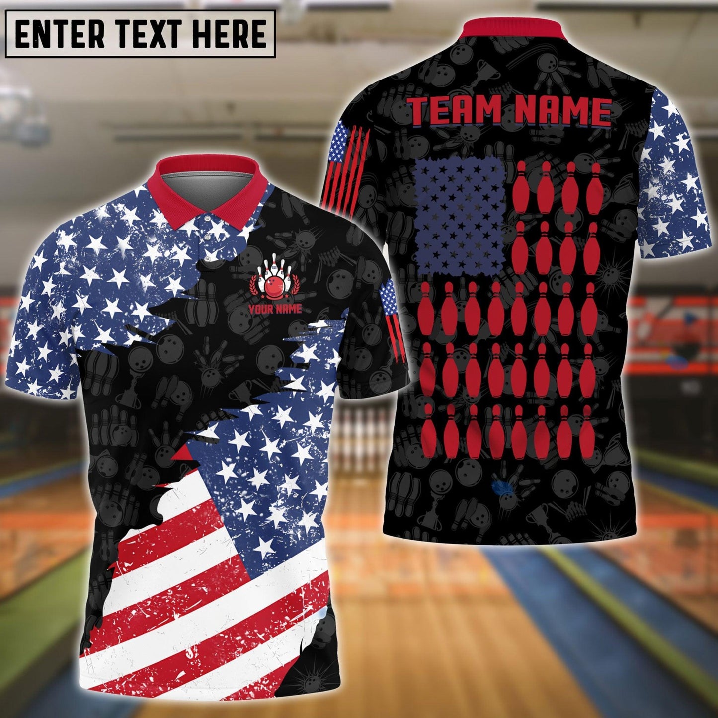 Bowling And Pins US Flag Bowling Pattern Customized Name, Team Name 3D Shirt (Black & White)